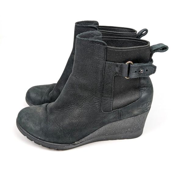 UGG Black Leather Indra Waterproof Wedge Booties Size 7 - Picture 5 of 10